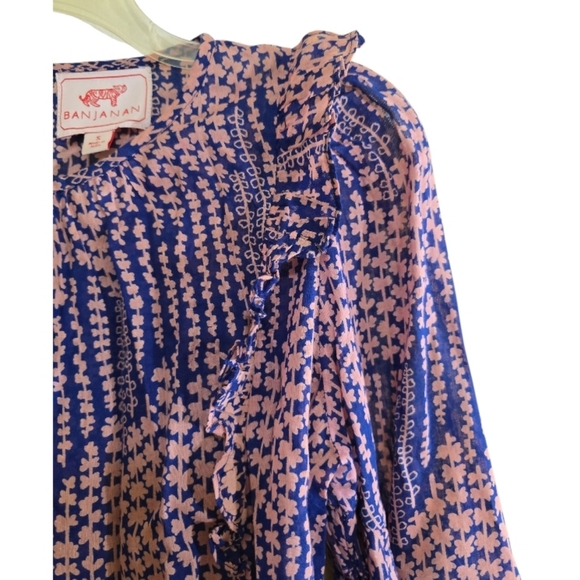 Banjanan Margot Boho Floral Ruffle Blouse In Blue Pink Small Long Sleeve - Picture 5 of 11